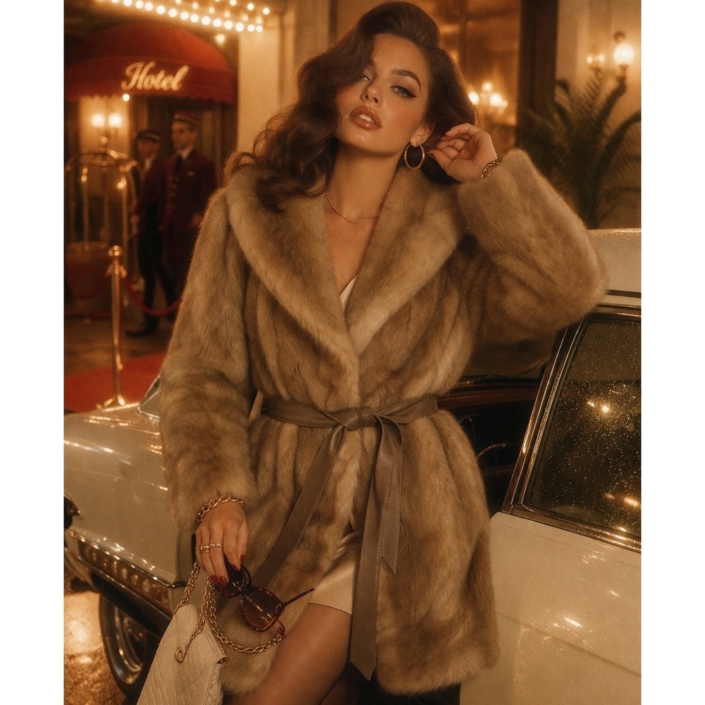 Vintage Tissavel France Faux‎ Fur Coat Belted Brown Plush Jacket Women's M Retro